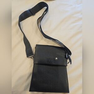 Montblanc Black Leather Messenger Bag with Shoulder Strap, Flap, Zip & pockets.